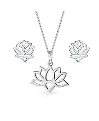 Bling Jewelry Open Lily Flower Zen Lotus Pendant Necklace and Stud Earrings Jewelry Set
