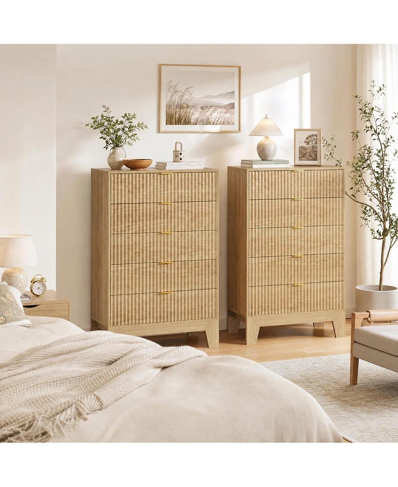 homfan 2 Set of 5 Drawer Dresser with Wave Pattern, Vertical Storage Tower with Gliding Drawers, Versatile Cabinet for Bedroom, Easy Assembly