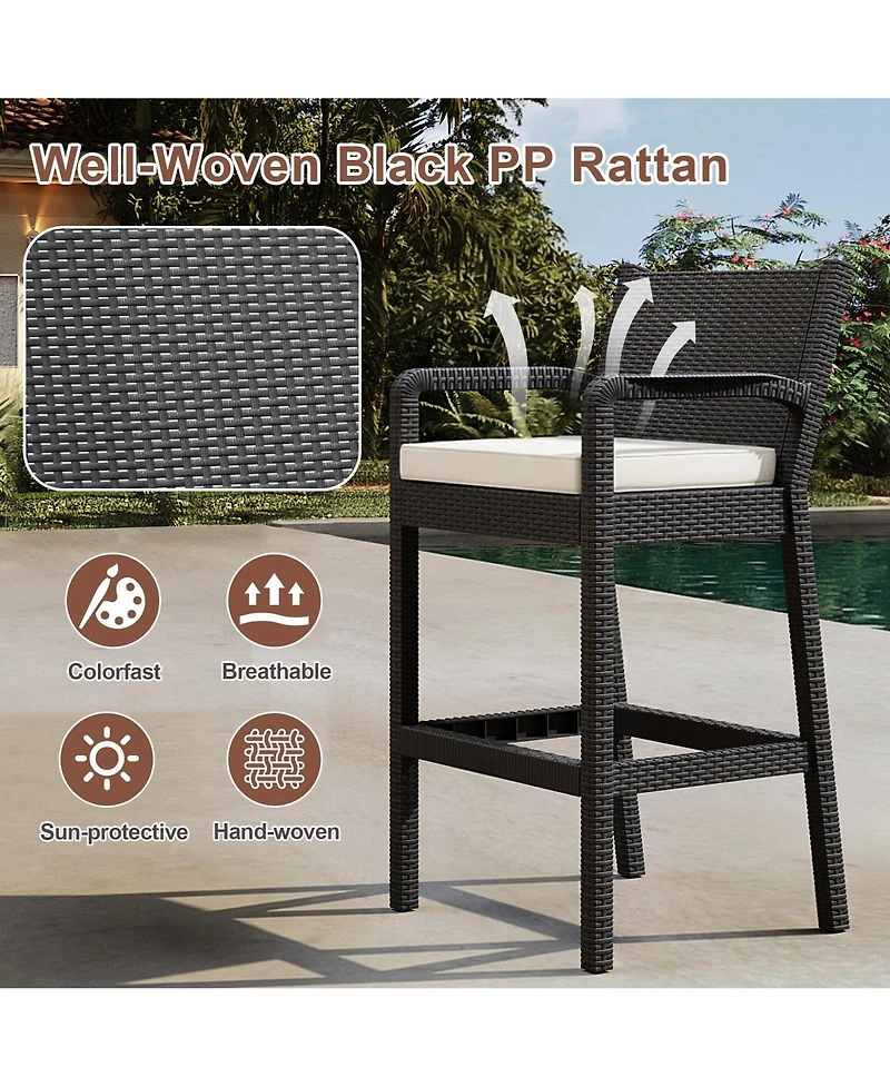 homfan Set of 4 All-Weather Wicker Bar Stools, 30 Inch Patio Height Chairs with Cushions, Ideal for Backyard, Pool, Garden and Balcony