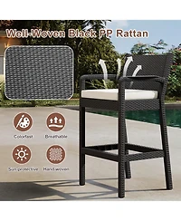 homfan Set of 4 All-Weather Wicker Bar Stools, 30 Inch Patio Height Chairs with Cushions, Ideal for Backyard, Pool, Garden and Balcony
