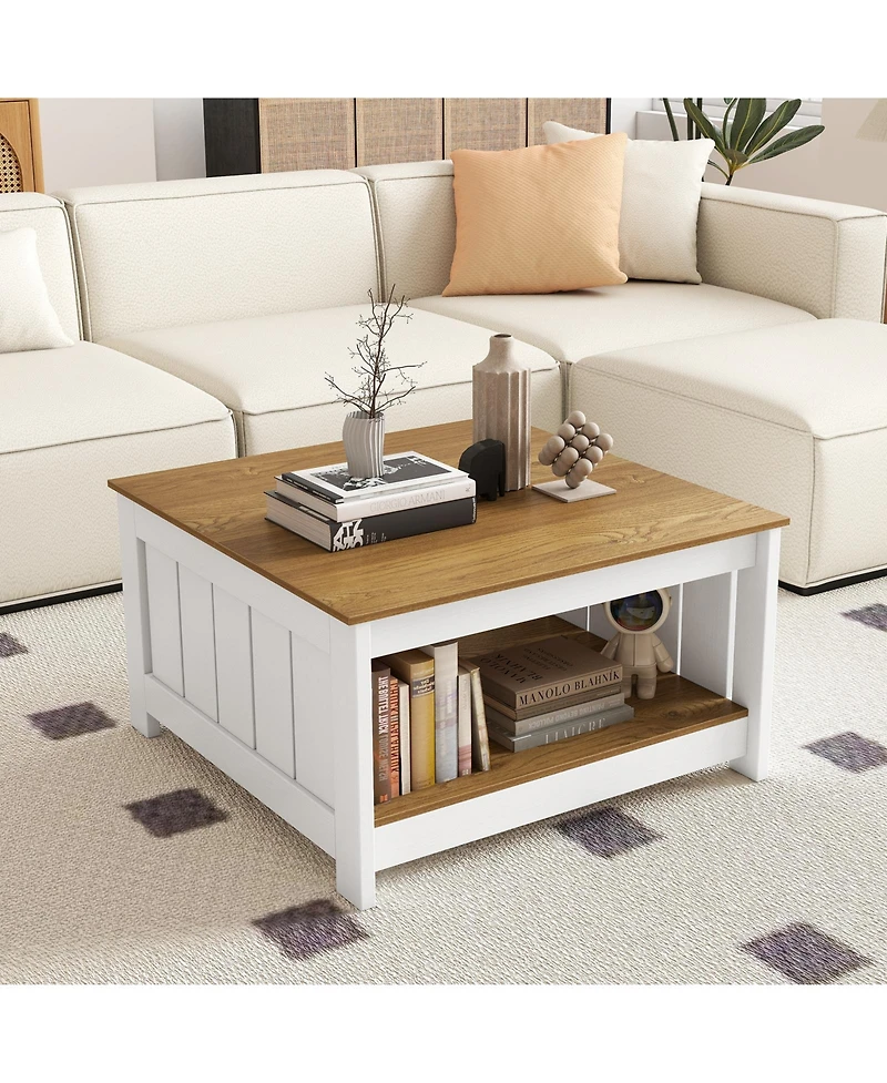 Gymax Coffee Table with Storage Shelf Farmhouse Rustic Center Table Space-Saving