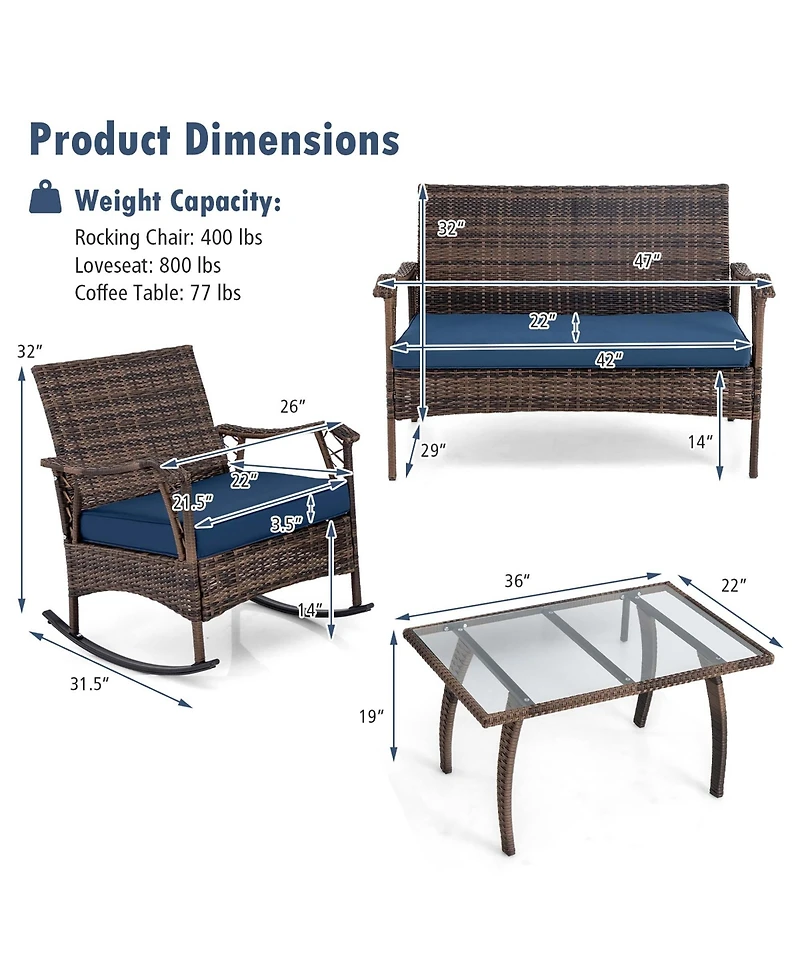 Gymax Set of 4 Wicker Rocking Set with Loveseat and Coffee Table Heavy-Duty Metal Frame