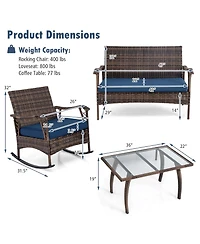Gymax Set of 4 Wicker Rocking Set with Loveseat and Coffee Table Heavy-Duty Metal Frame