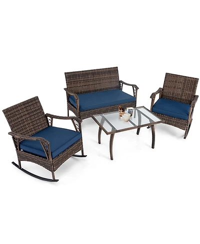 Gymax Set of 4 Wicker Rocking Set with Loveseat and Coffee Table Heavy-Duty Metal Frame