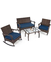 Gymax Set of 4 Wicker Rocking Set with Loveseat and Coffee Table Heavy-Duty Metal Frame
