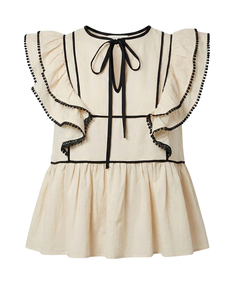 Modenaire Women's Ruffle-Sleeve Contrast-Trim Peplum Top