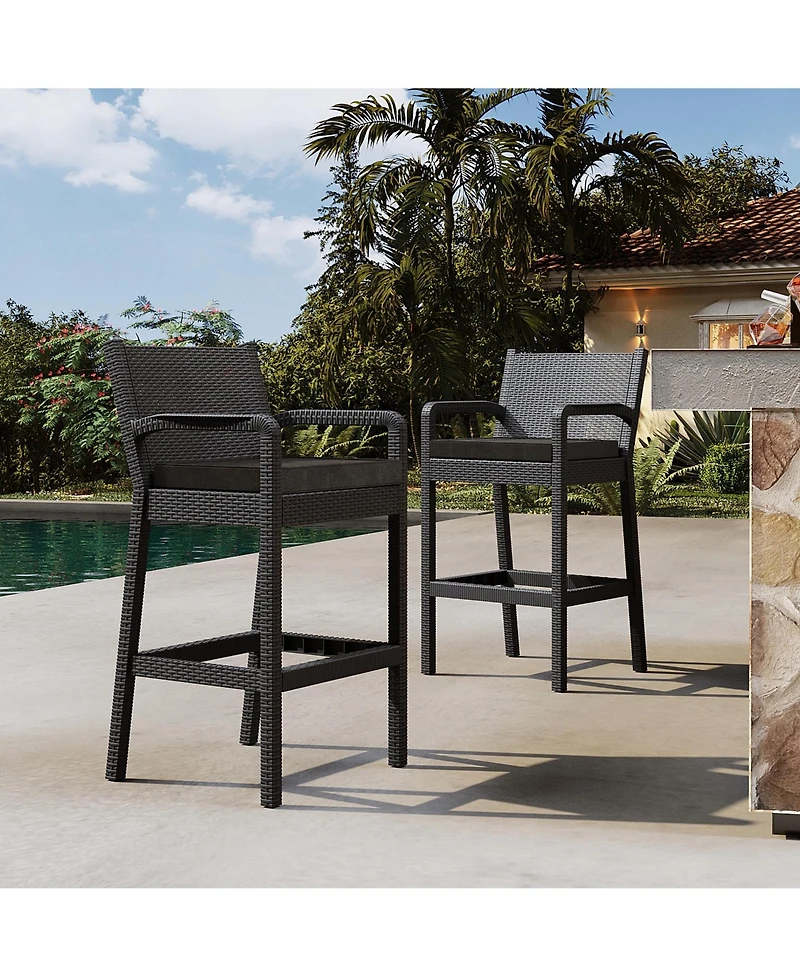 homfan set of 2 black wicker outdoor bar stools with armrests and cushions, perfect for patio, balcony, garden, pool, or deck seating.