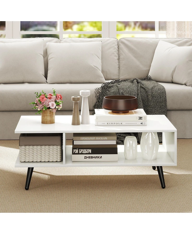 Gymax 2-Tier Coffee Table w/ Compartments and Metal Legs Rectangle Tea Cocktail Table