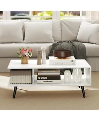Gymax 2-Tier Coffee Table w/ Compartments and Metal Legs Rectangle Tea Cocktail Table