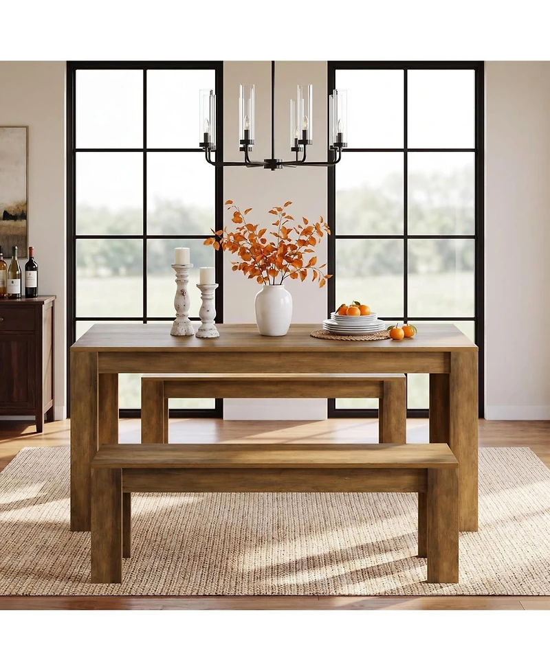Tribesigns Farmhouse Dining Table Set for 4-6, Wooden Kitchen Table with 2 Benches