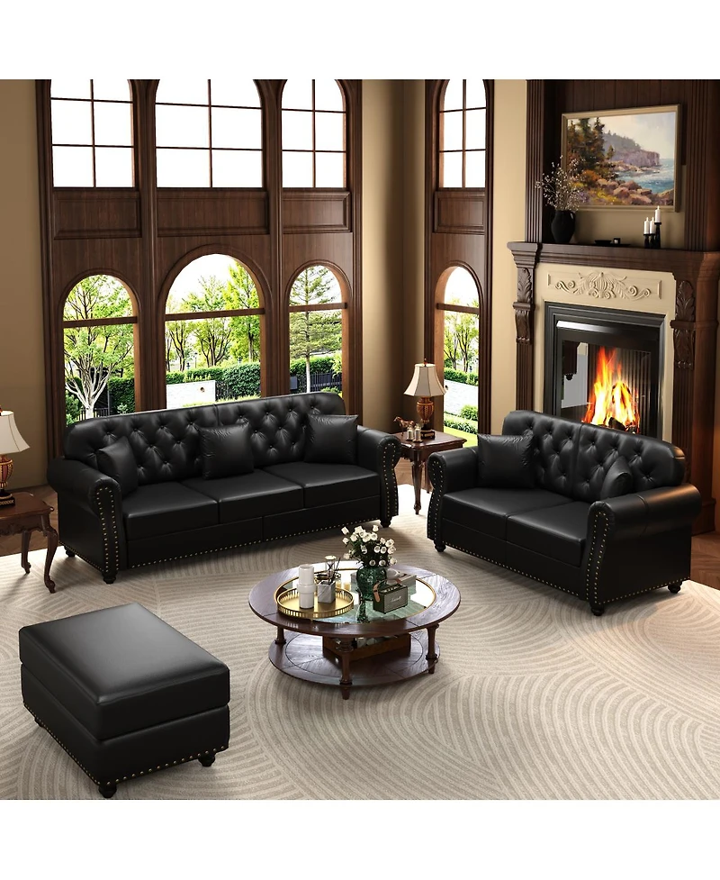Streamdale Furniture Faux Leather Chesterfield Sofa with Nailhead Trim and 2 Pillows