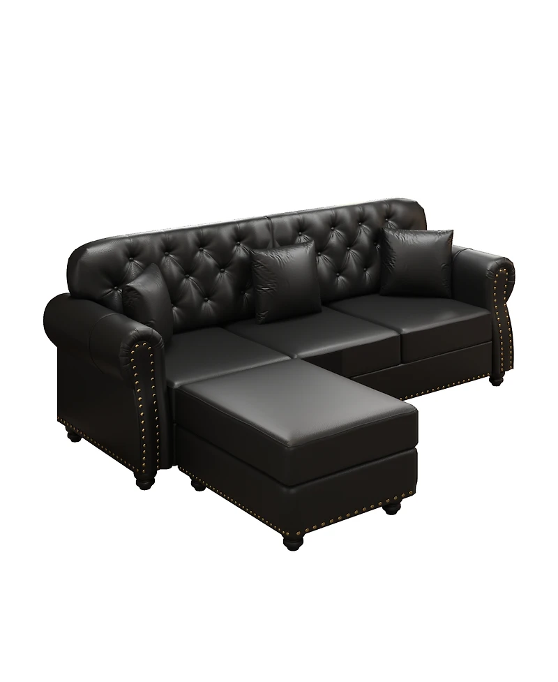 Streamdale Furniture Faux Leather Chesterfield Sofa with Nailhead Trim and 2 Pillows
