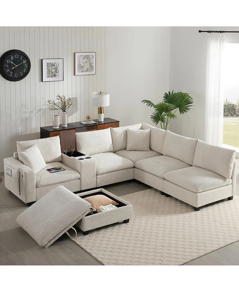Streamdale Furniture '' U-Shaped Modular Corduroy Sectional Sofa with Storage and Usb Charger