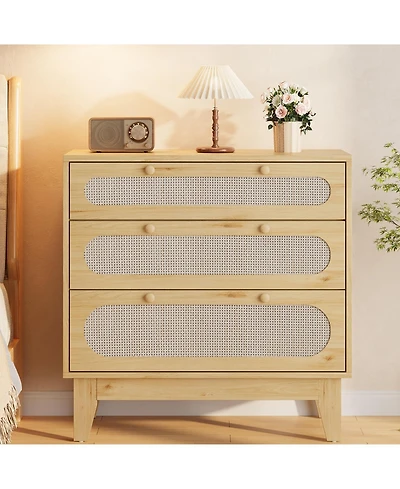 homfan Modern Rattan 3 Drawer Dresser for Bedroom - Wooden Farmhouse Storage Chest with Handles and Anti-Tip Kit