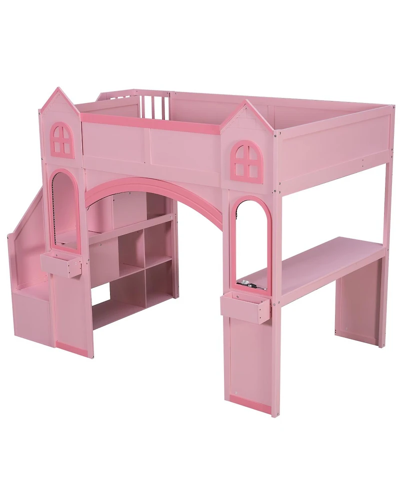 Streamdale Furniture Wood Castle Loft Bed with Storage, Desk, and Led Lights