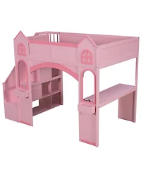 Streamdale Furniture Wood Castle Loft Bed with Storage, Desk, and Led Lights