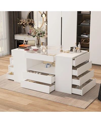 Homsee Modern 63 Inch 14-Drawer Island Cabinet - 4mm Tempered Glass | Laminate Finish