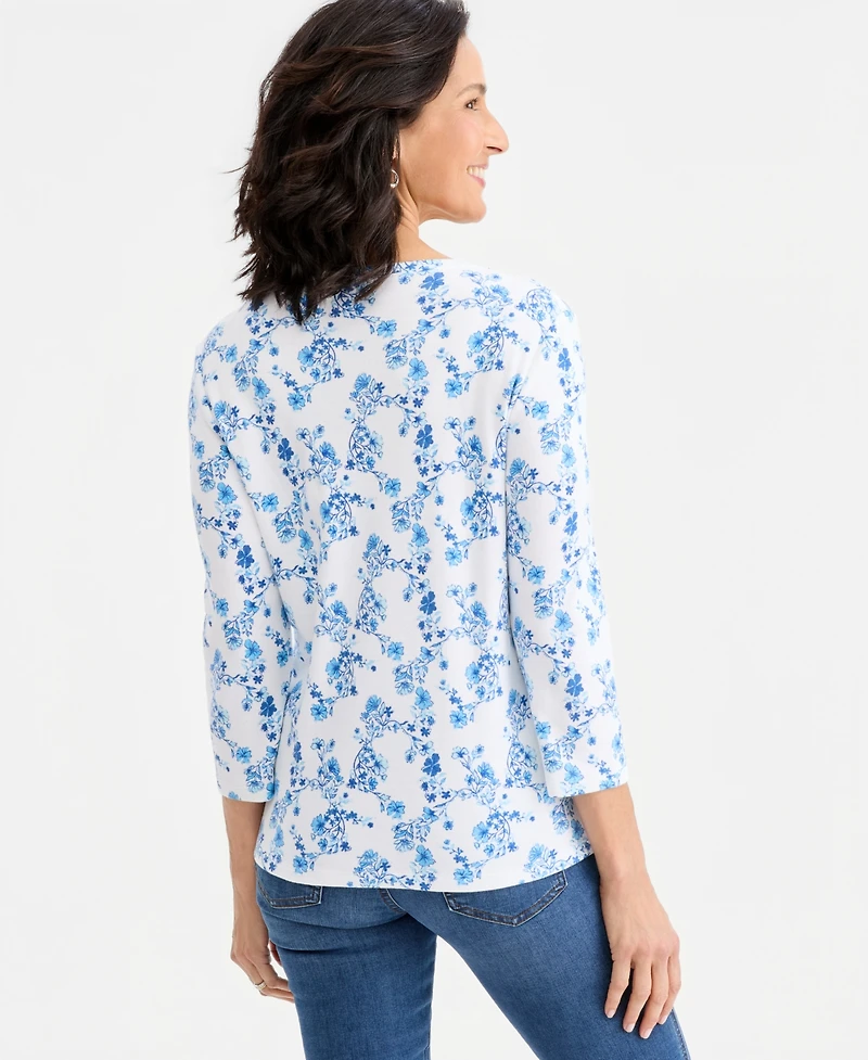 Style & Co Women's Printed 3/4-Sleeve Henley Top, Macy's Exclusive