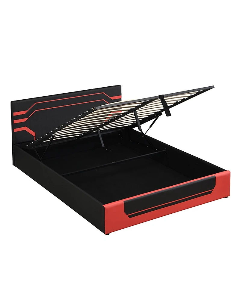 Streamdale Queen Size Hydraulic Storage Gaming Bed Frame, Cyberpunk Design, Black+Red