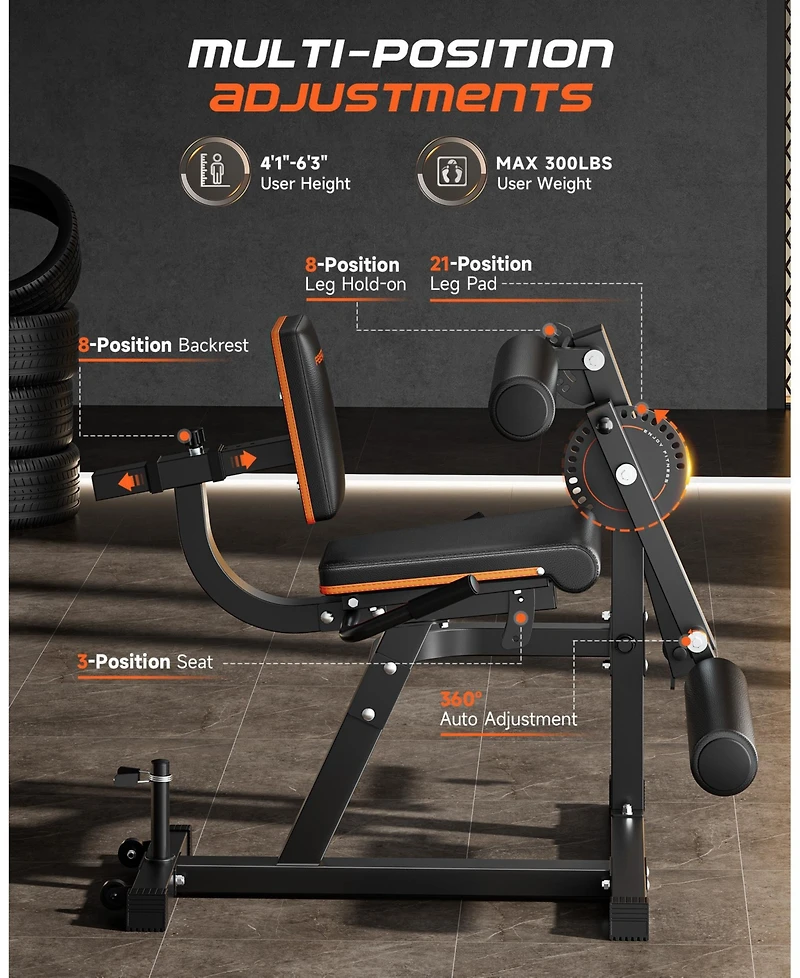 Fed Fitness 700LBS Integrated 4-in-1 Leg Curl and Extension Machine, Adjustable Lower Body Strength Workout Equipment for Home Gym