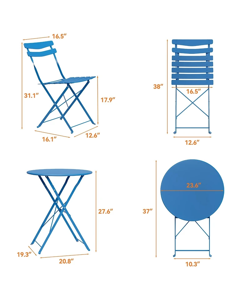 homfan 3 Piece Patio Bistro Set, Folding Table and Chairs, Outdoor Furniture Metal Structure, No Assembly Need