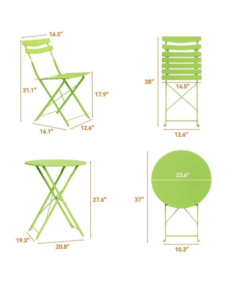 homfan 3 Piece Patio Bistro Set, Folding Table and Chairs, Outdoor Furniture Metal Structure, No Assembly Need