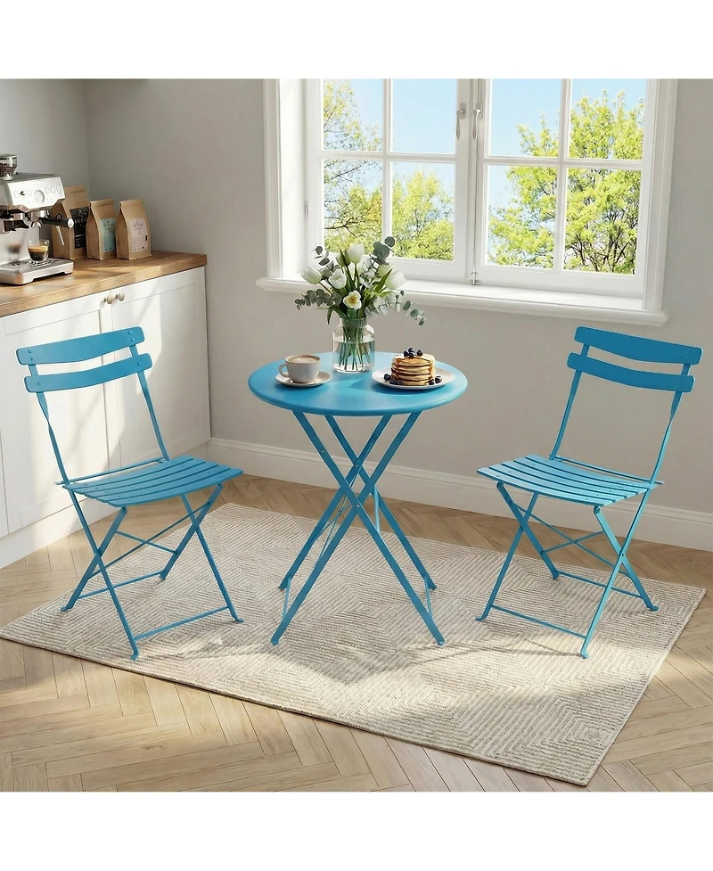 homfan 3 Piece Patio Bistro Set, Folding Table and Chairs, Outdoor Furniture Metal Structure, No Assembly Need