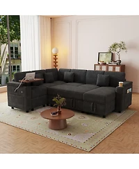 Streamdale Furniture U-Shaped Corduroy Sofa Bed with Usb, Storage, and Cup Holders