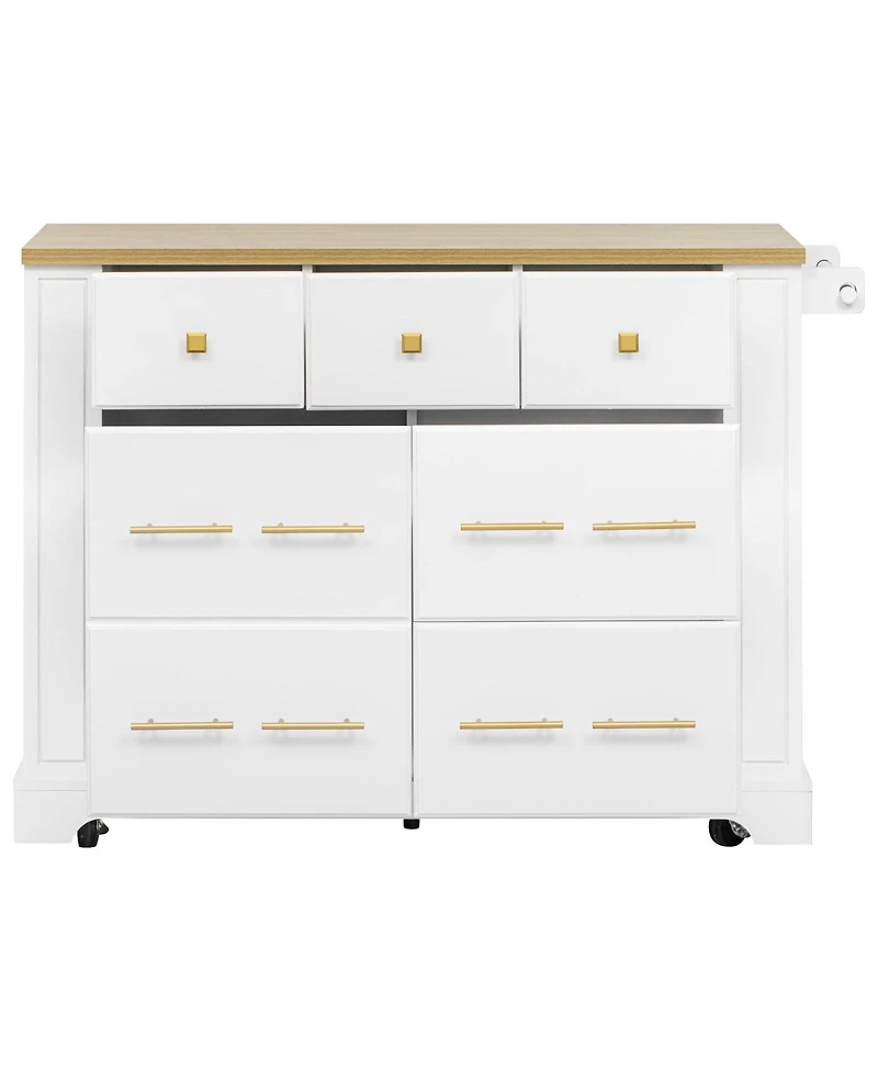 Streamdale Furniture Rolling Kitchen Island with Drop Leaf, 6 Drawers, Trash Storage and Power Outlet