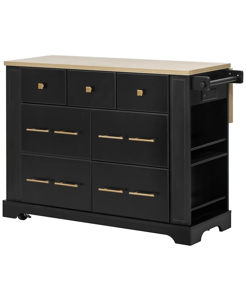 Streamdale Furniture Kitchen Island with Drop Leaf, 6 Drawers, Trash Storage and Power Outlet