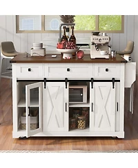 Streamdale Furniture 58inch Farmhouse Rolling Kitchen Island with Storage, Drop Leaf and Barn Door
