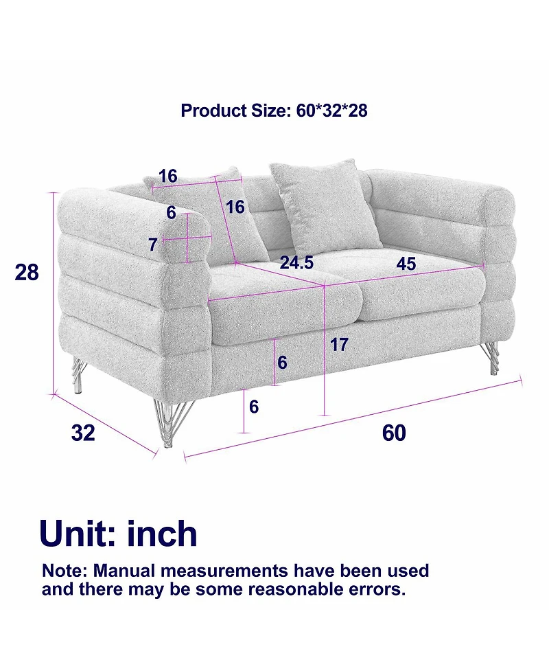 Streamdale Furniture 60" Oversized 2-Seater Teddy Fabric Sectional Sofa with 2 Pillows