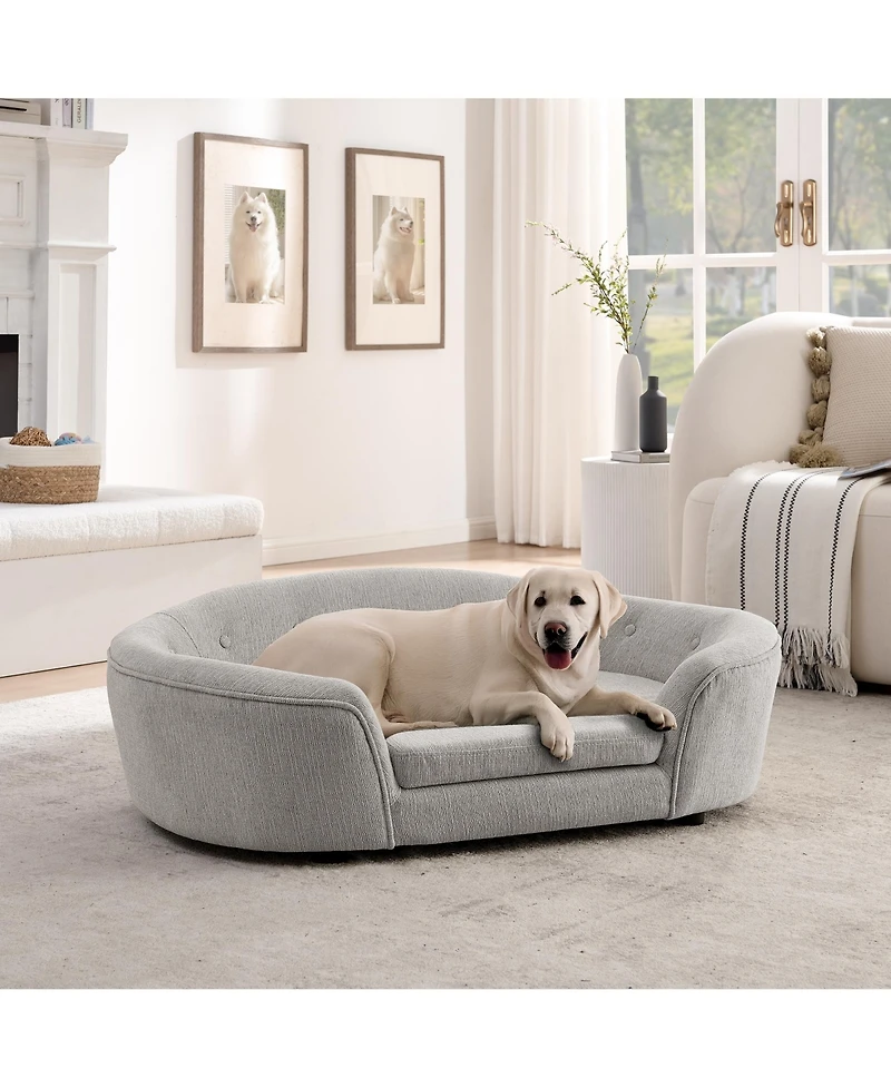 Clihome Modern Dog Bed Pet Sofa Oval Semi-Enclosed Linen Soft Couch