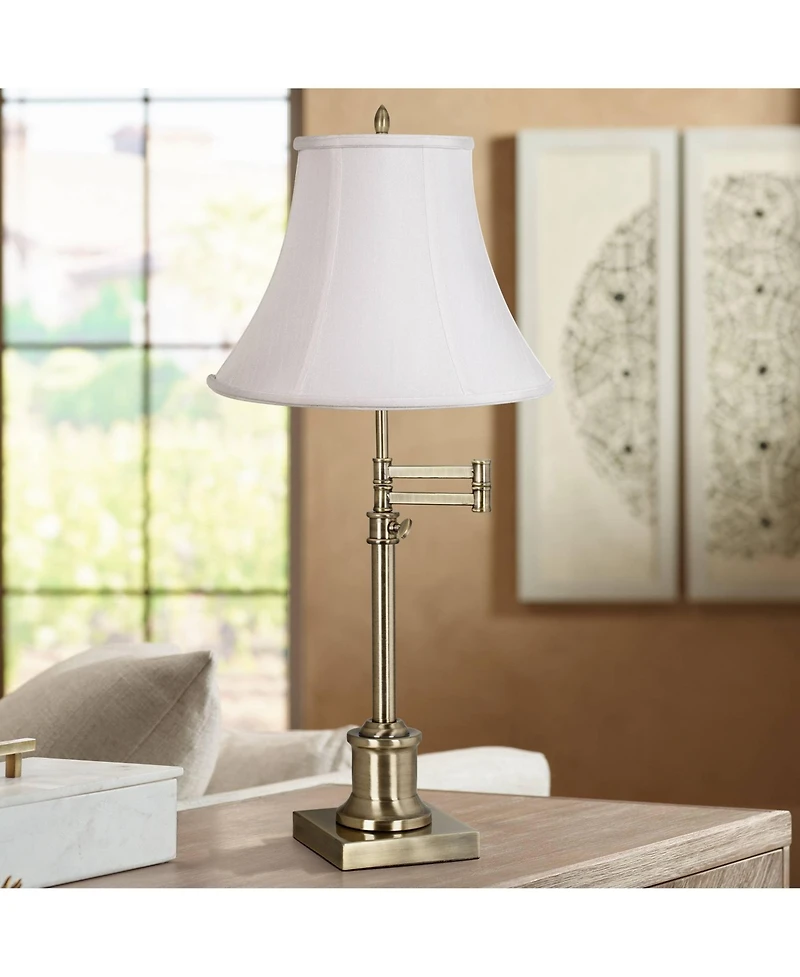 360 Lighting Traditional Swing Arm Desk Table Lamp Adjustable Height 36" Tall Antique Brass Imperial Fabric Bell Shade Living Room