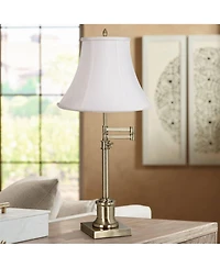 360 Lighting Traditional Swing Arm Desk Table Lamp Adjustable Height 36" Tall Antique Brass Imperial Fabric Bell Shade Living Room