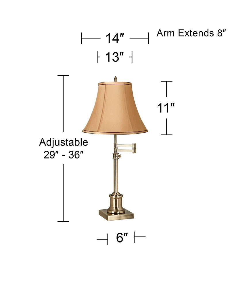 360 Lighting Traditional Swing Arm Desk Table Lamp Adjustable Height 36" Tall Antique Brass Fabric Bell Shade for Living Room Bedroom