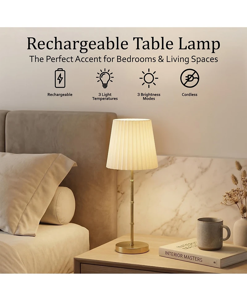 Bell + Howell Bamboo Stem Pleat Shade Rechargeable Touch Control Led Dimmable Cordless Table Lamp