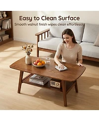 Streamdale Furniture Mid-Century Modern Solid Oak 2-Tier Coffee Table with Storage Shelf