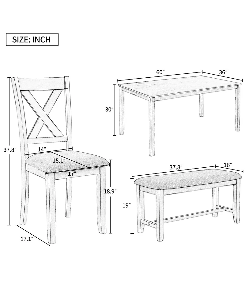 Streamdale Furniture 6 Piece Rectangular Dining Table Set with 4 Fabric Chairs and Bench