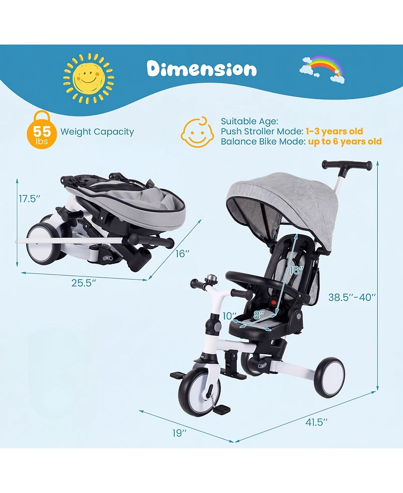Slickblue Toddler Tricycle 8-in-1 with Push Handle and Canopy
