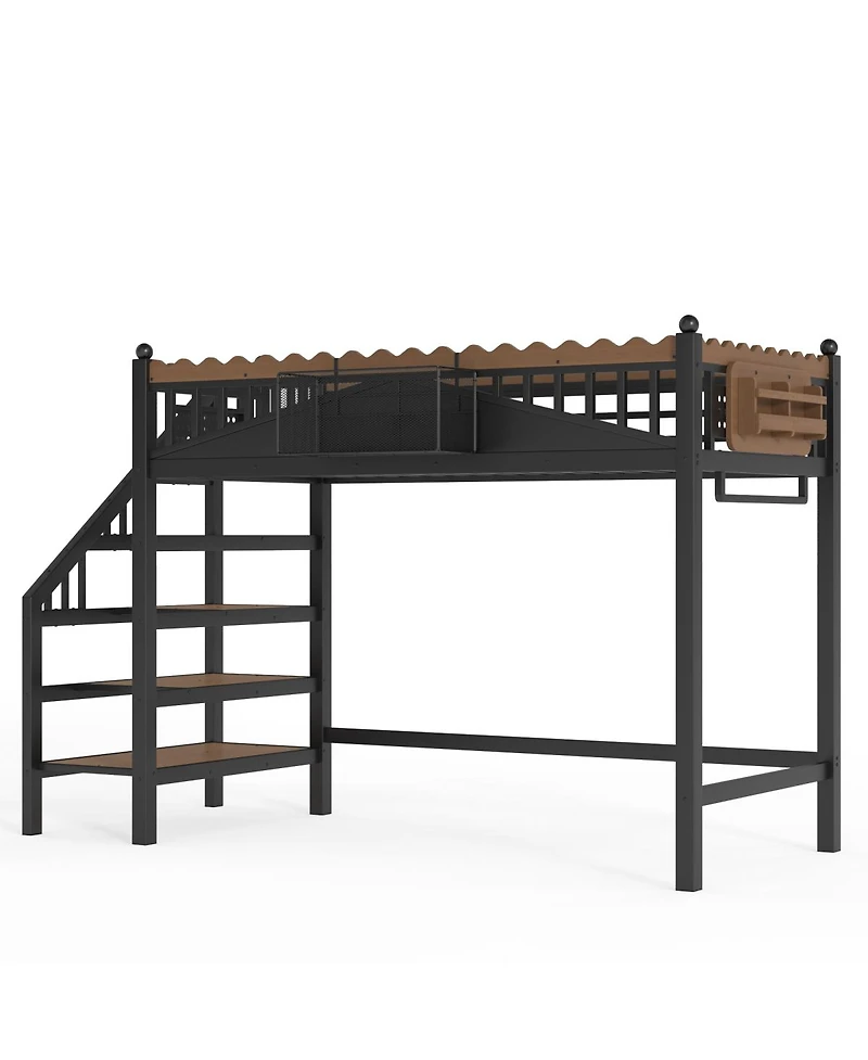 Streamdale Furniture Metal Loft Bed with Storage Stairs and Bookshelf