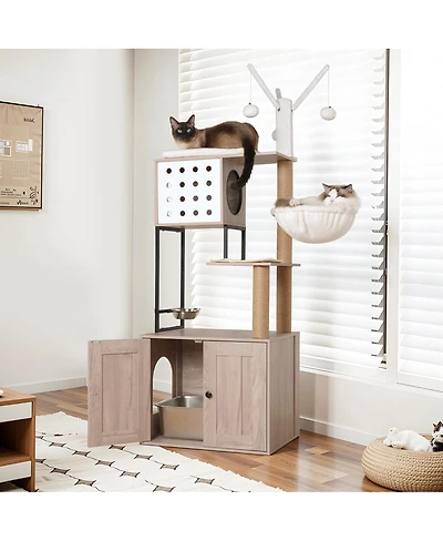 Streamdale Furniture Modern Cat Tree with Litter Box Enclosure and Scratching Posts