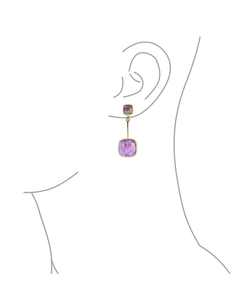 Bling Jewelry Geometric Square Bar Faceted Gemstone Purple Amethyst Dangle Statement Earrings Gold Plated