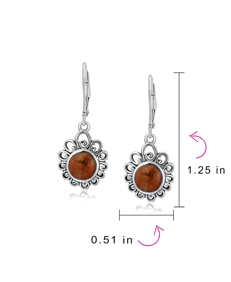 Bling Jewelry Bali Style Round Flower Orange Red Coral Drop Earrings Leverback Oxidized .925 Sterling Silver