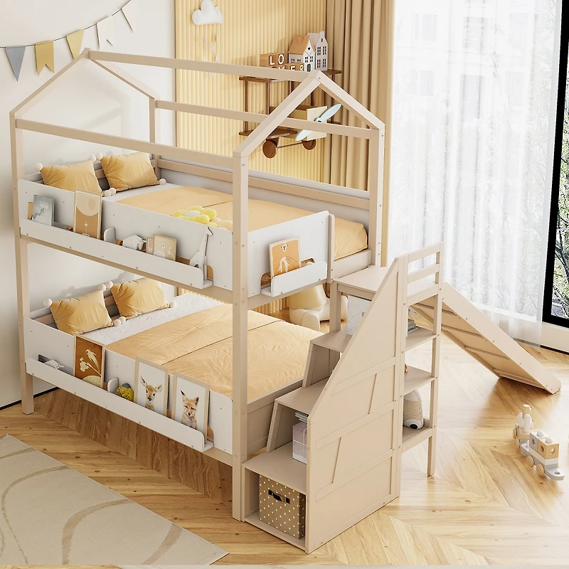 Streamdale Furniture House-Shaped Wooden Bunk Bed with Slide, Storage Stairs