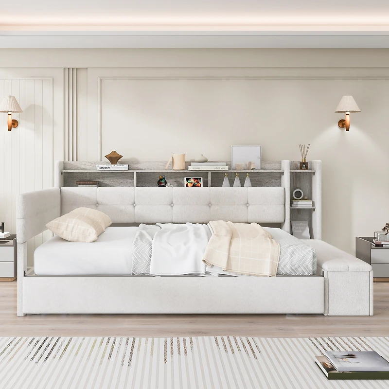 Streamdale Furniture Upholstered Daybed with Trundle, Storage, Usb and Led Lights