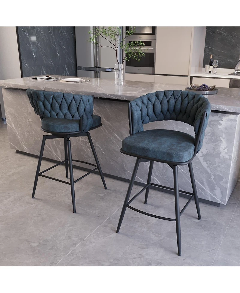 Streamdale 26" Suede Woven Swivel Bar Stools with Back and Footrest, Set of 2 (Blue)