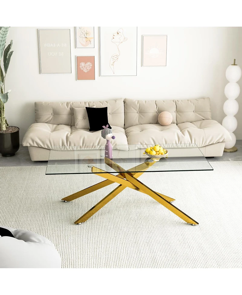 Streamdale Furniture 47.2" Rectangular Clear Tempered Glass Coffee Table with Golden Metal Legs