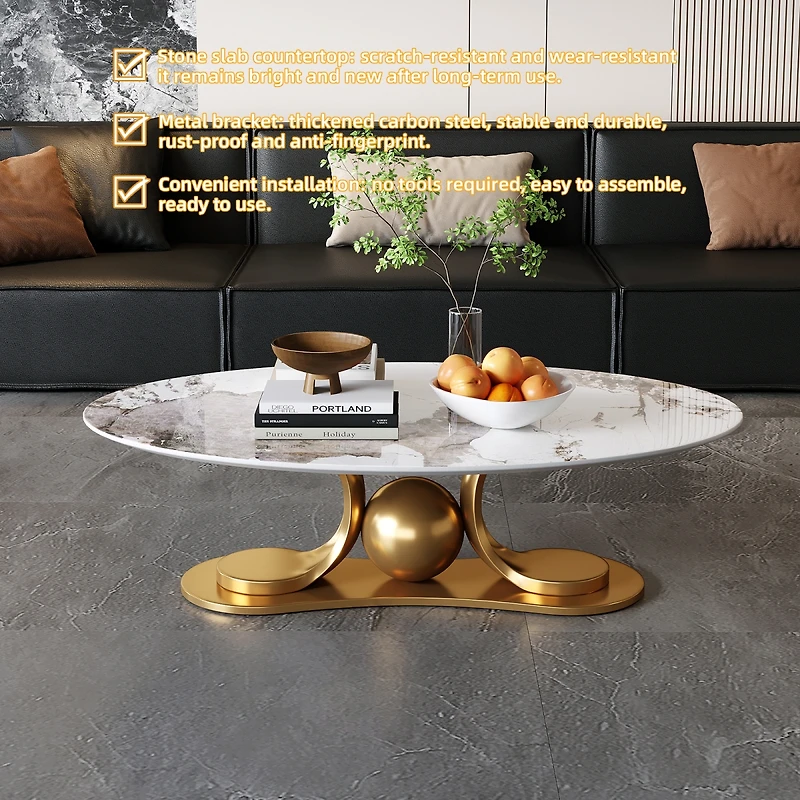 Streamdale Furniture Gold Metal Coffee Table with Stainless Steel Pedestal and Faux Marble Top