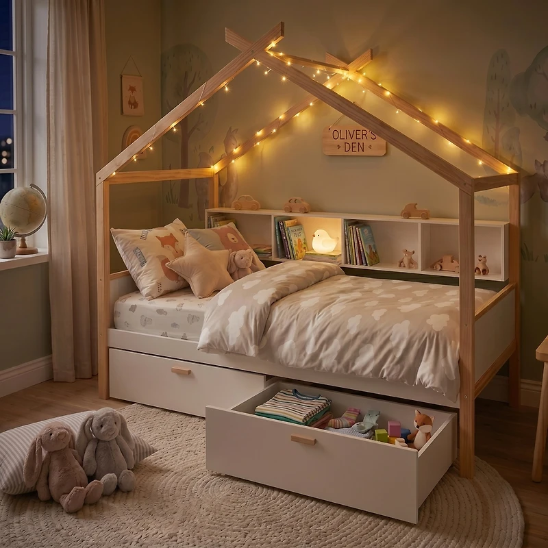 Streamdale Furniture Wooden House Bed with Two Drawers and Bookshelf Storage
